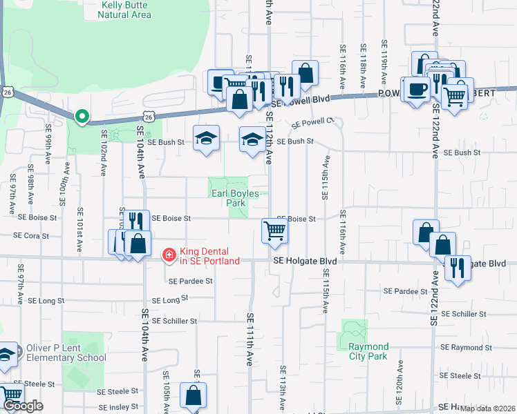 map of restaurants, bars, coffee shops, grocery stores, and more near 4121 Southeast 112th Avenue in Portland