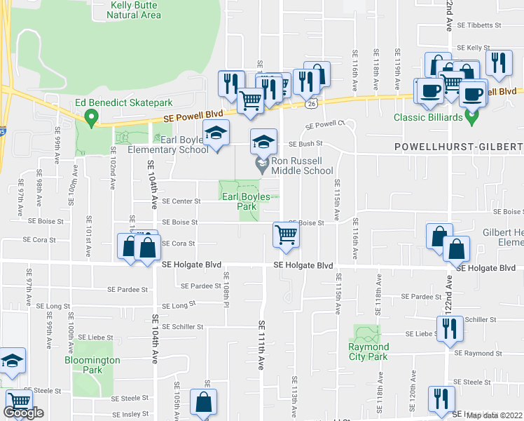 map of restaurants, bars, coffee shops, grocery stores, and more near 4121 Southeast 112th Avenue in Portland