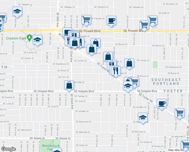 map of restaurants, bars, coffee shops, grocery stores, and more near 5530 Southeast Boise Street in Portland