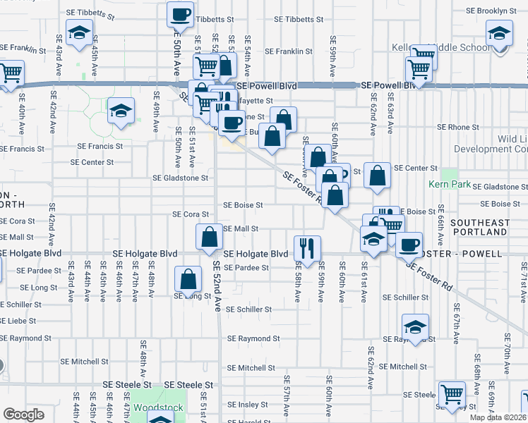 map of restaurants, bars, coffee shops, grocery stores, and more near 5530 Southeast Boise Street in Portland