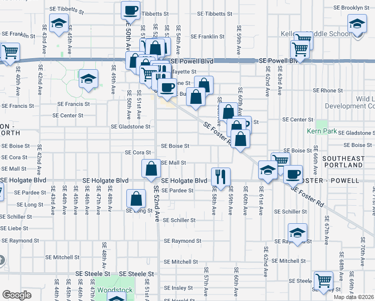 map of restaurants, bars, coffee shops, grocery stores, and more near 4214 Southeast 54th Avenue in Portland