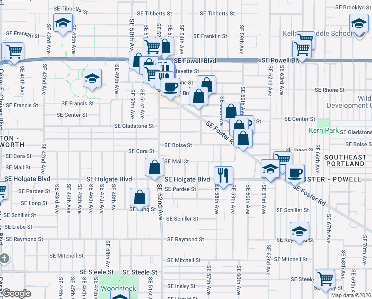map of restaurants, bars, coffee shops, grocery stores, and more near 4214 Southeast 54th Avenue in Portland