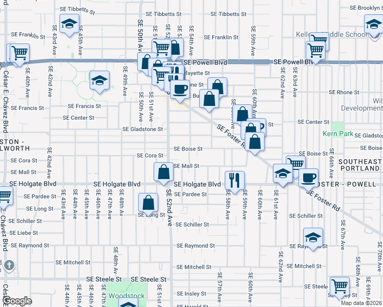map of restaurants, bars, coffee shops, grocery stores, and more near 4214 Southeast 54th Avenue in Portland