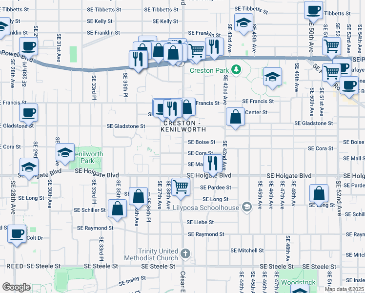 map of restaurants, bars, coffee shops, grocery stores, and more near 3934 Southeast Boise Street in Portland