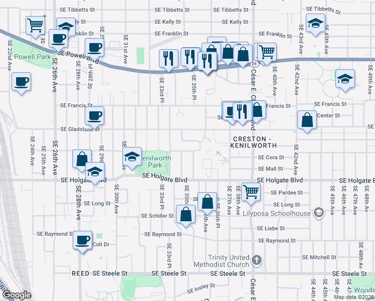map of restaurants, bars, coffee shops, grocery stores, and more near 3423 Southeast Cora Drive in Portland