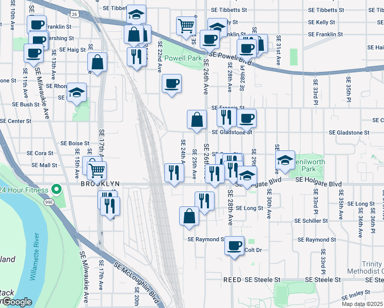 map of restaurants, bars, coffee shops, grocery stores, and more near 4321 Southeast 24th Avenue in Portland