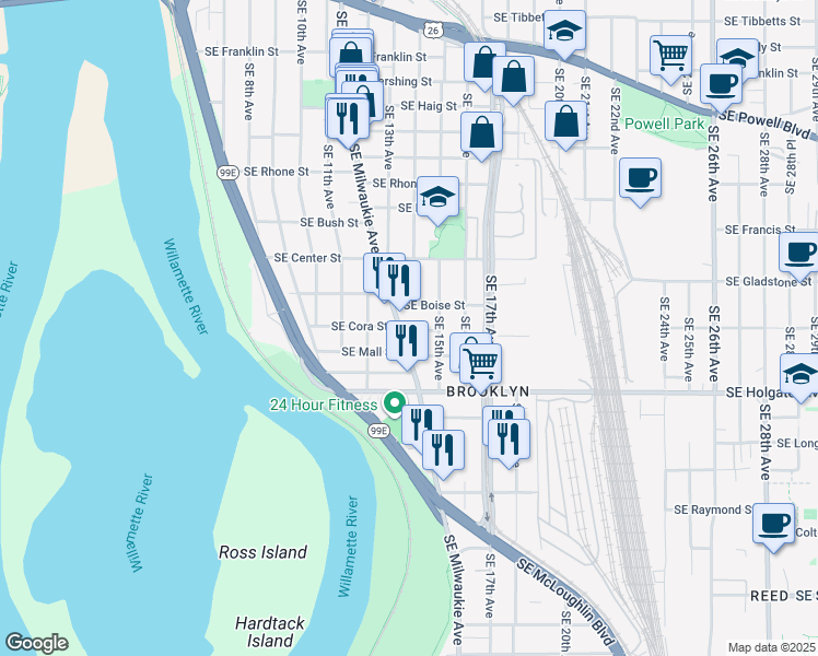 map of restaurants, bars, coffee shops, grocery stores, and more near 4307 Southeast Milwaukie Avenue in Portland