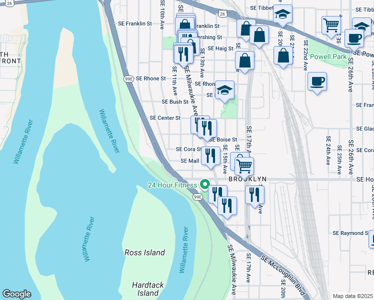 map of restaurants, bars, coffee shops, grocery stores, and more near 1128 Southeast Cora Street in Portland