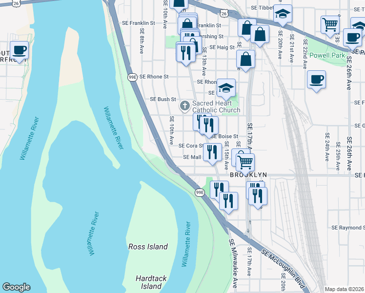 map of restaurants, bars, coffee shops, grocery stores, and more near 1004 Southeast Cora Street in Portland