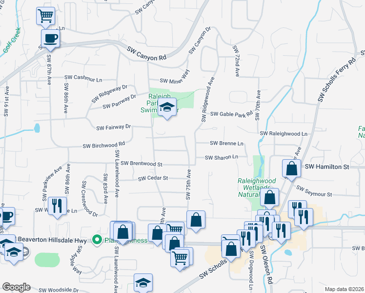 map of restaurants, bars, coffee shops, grocery stores, and more near 7585 Southwest Fairmoor Street in Portland