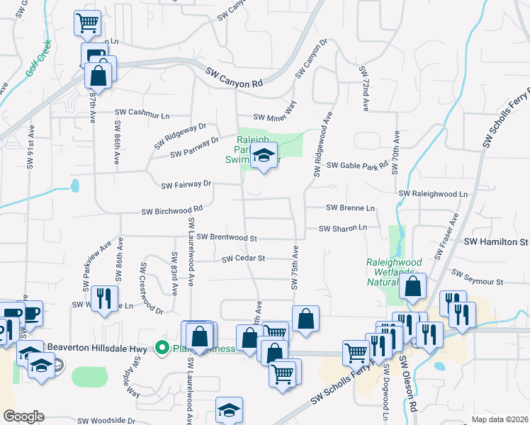 map of restaurants, bars, coffee shops, grocery stores, and more near 7735 Southwest Fairmoor Street in Portland