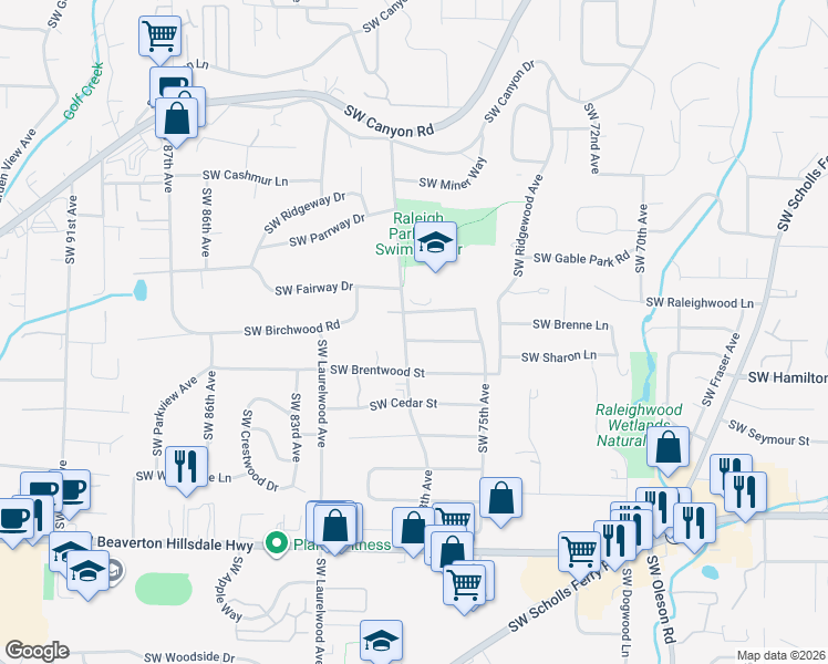 map of restaurants, bars, coffee shops, grocery stores, and more near 7735 Southwest Fairmoor Street in Portland