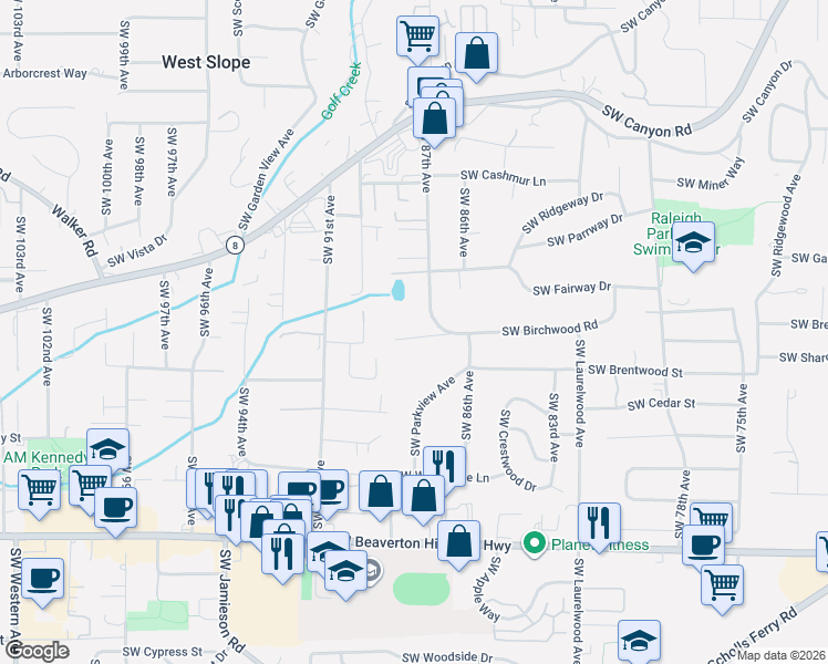 map of restaurants, bars, coffee shops, grocery stores, and more near 8795 Southwest Birchwood Road in Portland