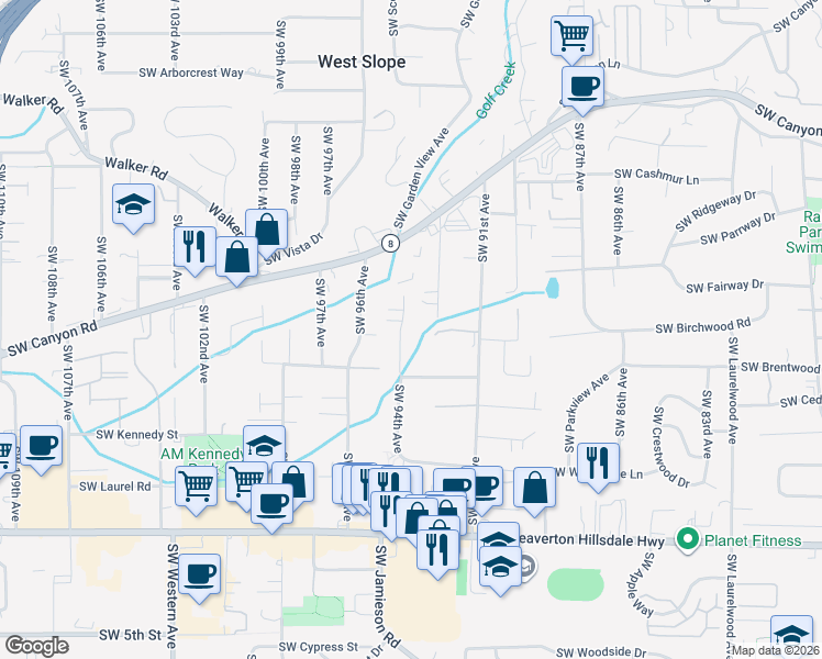 map of restaurants, bars, coffee shops, grocery stores, and more near 3890 Southwest 94th Avenue in Portland