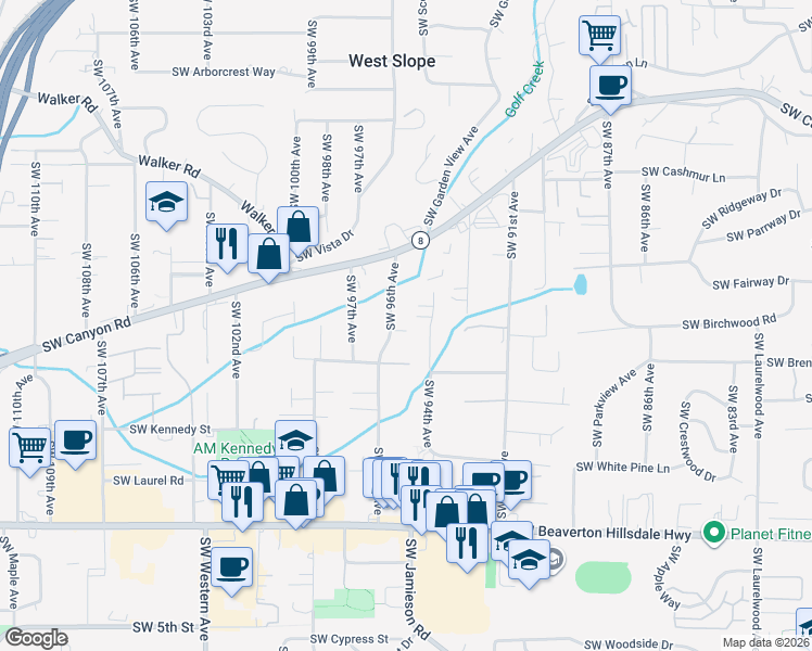 map of restaurants, bars, coffee shops, grocery stores, and more near 3870 Southwest 96th Avenue in Portland