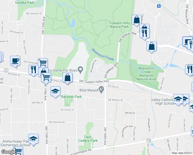 map of restaurants, bars, coffee shops, grocery stores, and more near 16245 Southwest Audubon Street in Beaverton