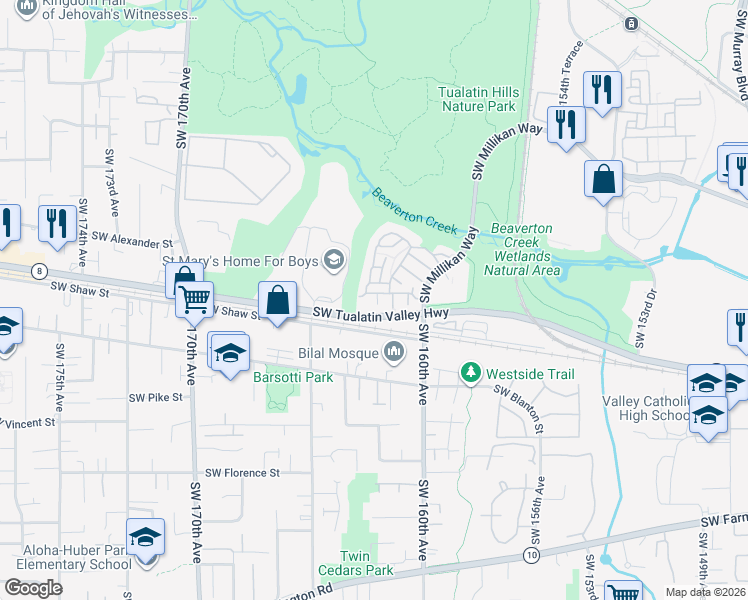 map of restaurants, bars, coffee shops, grocery stores, and more near 16245 Southwest Audubon Street in Beaverton