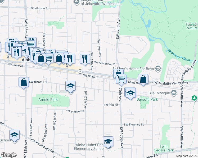 map of restaurants, bars, coffee shops, grocery stores, and more near 17361 Southwest Carson Court in Beaverton