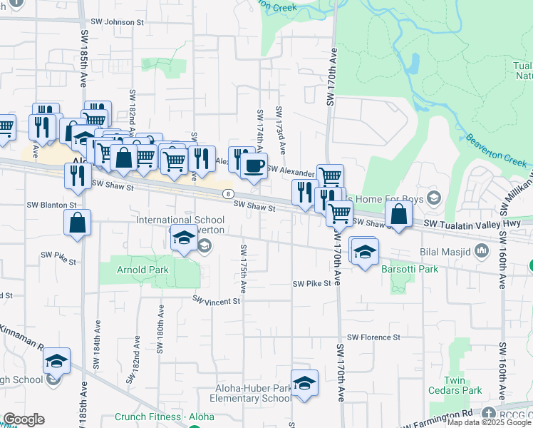 map of restaurants, bars, coffee shops, grocery stores, and more near 17361 Southwest Carson Court in Beaverton