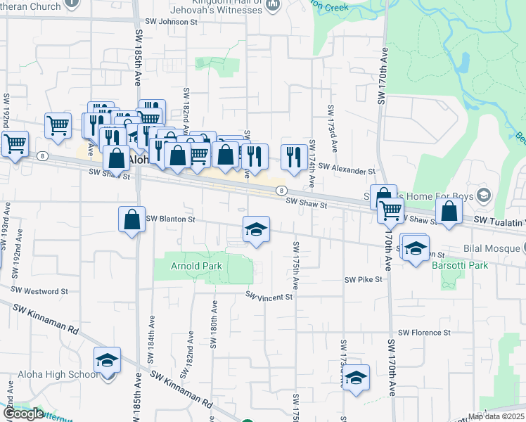 map of restaurants, bars, coffee shops, grocery stores, and more near 17700 Southwest Shaw Street in Beaverton
