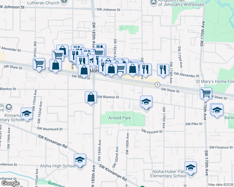 map of restaurants, bars, coffee shops, grocery stores, and more near 18125 Southwest Blanton Street in Aloha