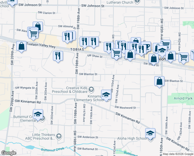 map of restaurants, bars, coffee shops, grocery stores, and more near 19577 Southwest Treehouse Lane in Beaverton