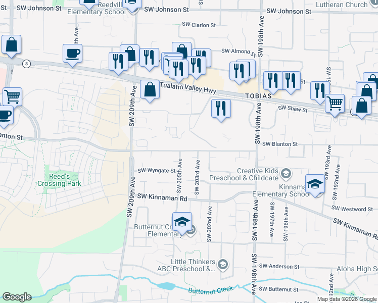 map of restaurants, bars, coffee shops, grocery stores, and more near 3838 Southwest 205th Avenue in Beaverton