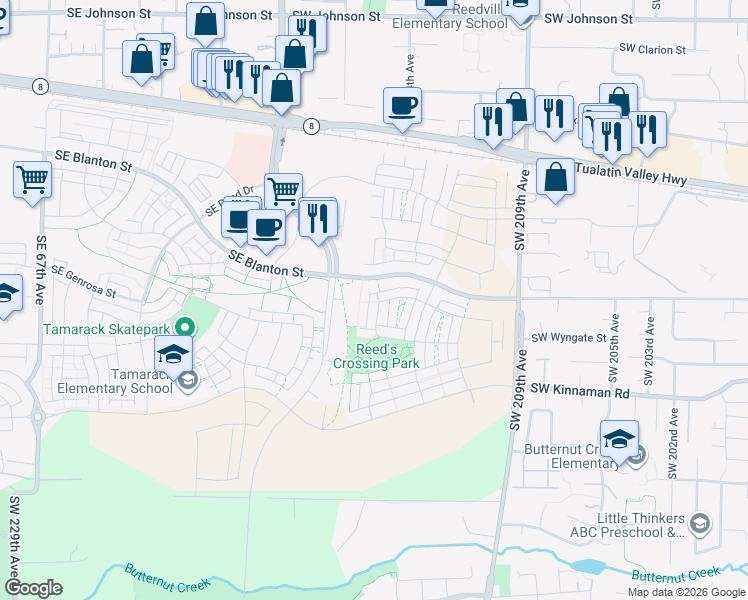 map of restaurants, bars, coffee shops, grocery stores, and more near 3801-3999 Southwest 209th Avenue in Aloha