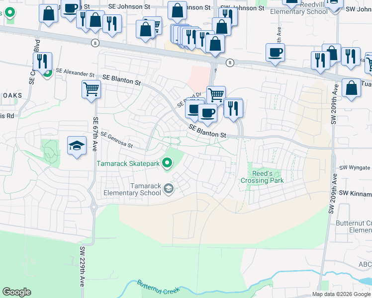 map of restaurants, bars, coffee shops, grocery stores, and more near 7391 Southeast Tamarack Street in Hillsboro