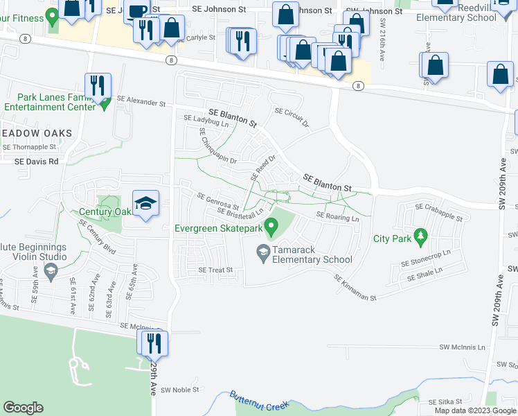 map of restaurants, bars, coffee shops, grocery stores, and more near 7253 Southeast Bristletail Lane in Hillsboro