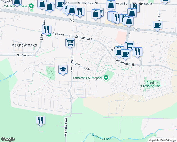map of restaurants, bars, coffee shops, grocery stores, and more near 6919 Southeast Tamarack Street in Hillsboro
