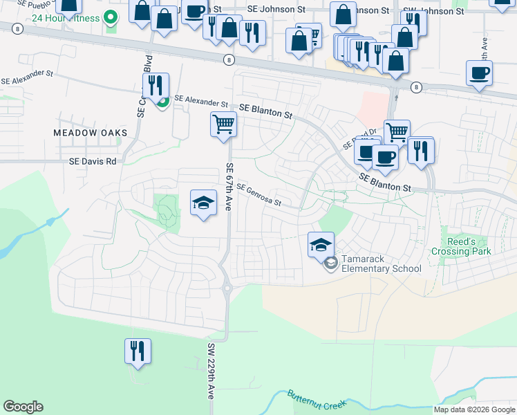 map of restaurants, bars, coffee shops, grocery stores, and more near 6919 Southeast Tamarack Street in Hillsboro