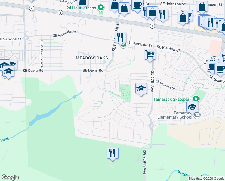 map of restaurants, bars, coffee shops, grocery stores, and more near 3943 Southeast Centifolia in Hillsboro