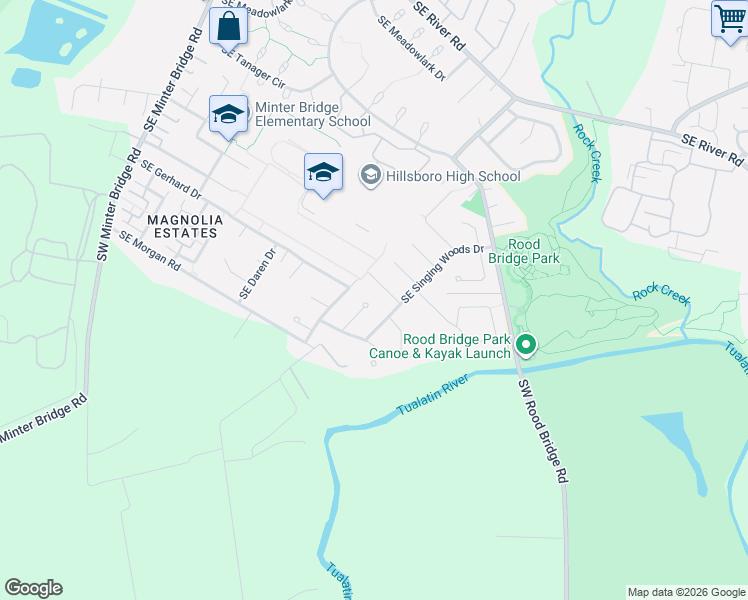 map of restaurants, bars, coffee shops, grocery stores, and more near 3621 Southeast Meier Court in Hillsboro