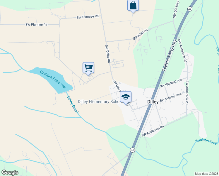 map of restaurants, bars, coffee shops, grocery stores, and more near 3835 Southwest Dilley Road in Forest Grove