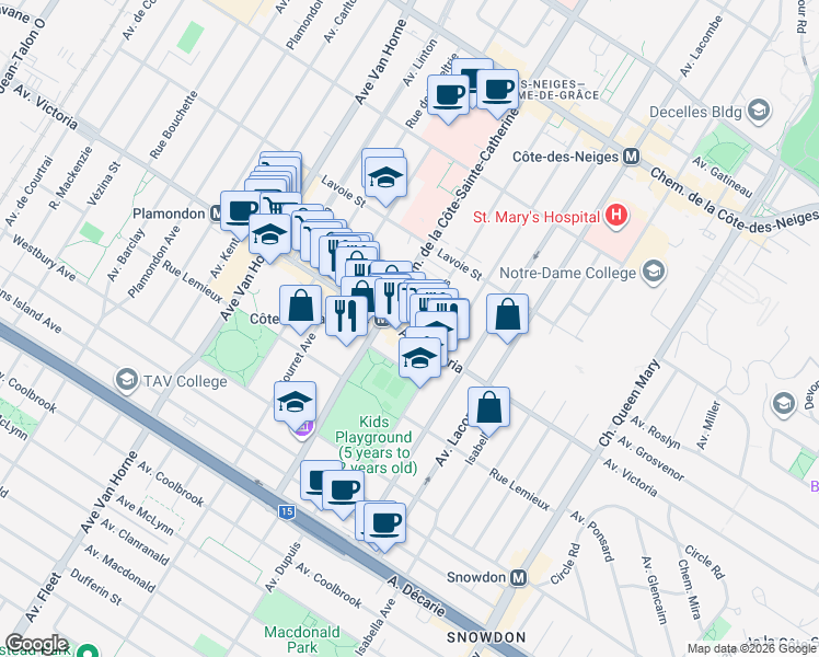 map of restaurants, bars, coffee shops, grocery stores, and more near in Montreal