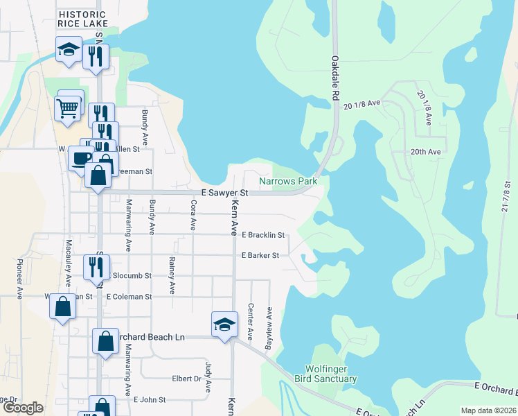 map of restaurants, bars, coffee shops, grocery stores, and more near 635 East Gates Street in Rice Lake