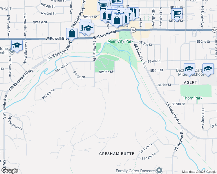 map of restaurants, bars, coffee shops, grocery stores, and more near Southwest Miller Court in Gresham