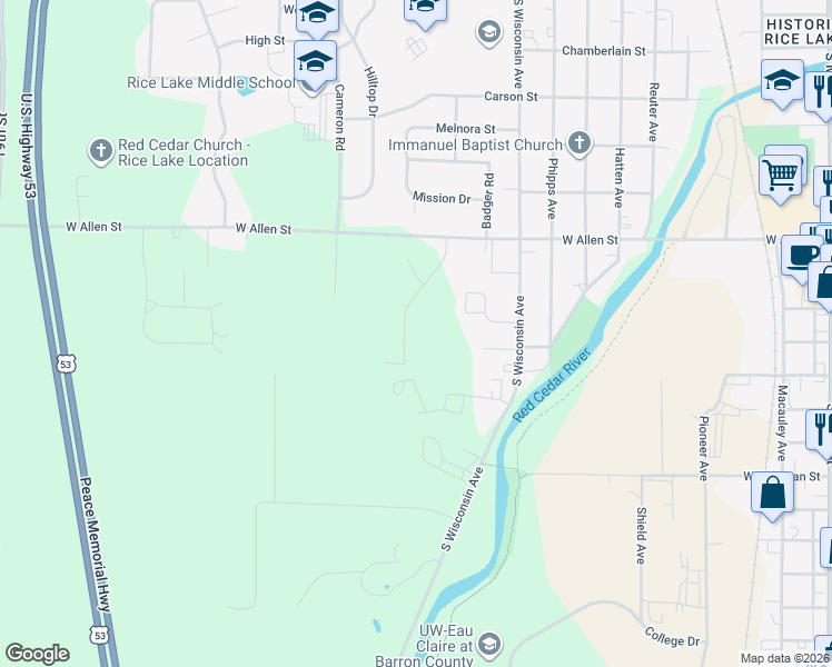 map of restaurants, bars, coffee shops, grocery stores, and more near 745 Diamond Lane in Rice Lake