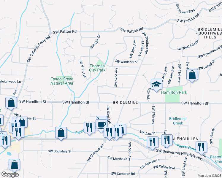 map of restaurants, bars, coffee shops, grocery stores, and more near 5232 Southwest Bancroft Street in Portland
