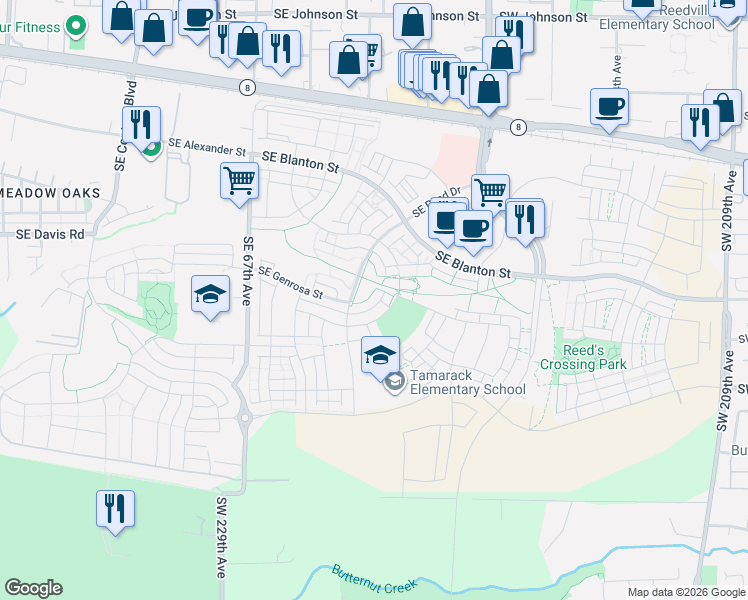 map of restaurants, bars, coffee shops, grocery stores, and more near 7253 Southeast Bristletail Lane in Hillsboro