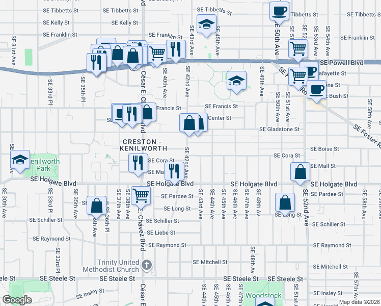 map of restaurants, bars, coffee shops, grocery stores, and more near 4211 Southeast Cora Street in Portland