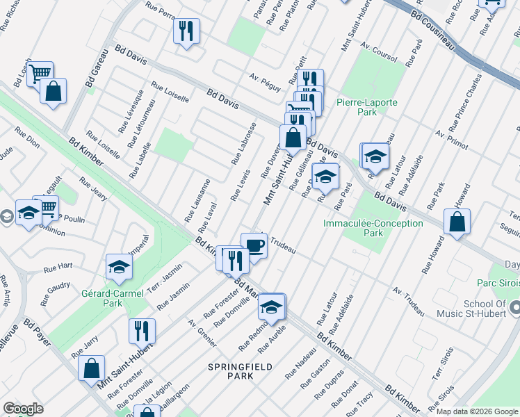 map of restaurants, bars, coffee shops, grocery stores, and more near 3800 Montée Saint-Hubert in Longueuil