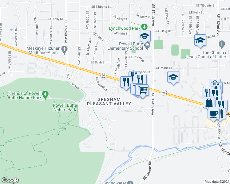 map of restaurants, bars, coffee shops, grocery stores, and more near 16814 Southeast Powell Boulevard in Portland