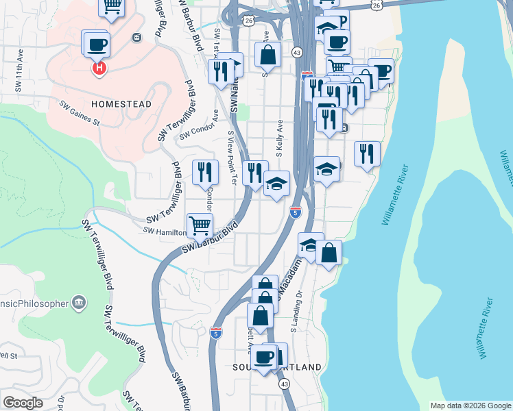 map of restaurants, bars, coffee shops, grocery stores, and more near 110 Southwest Bancroft Street in Portland