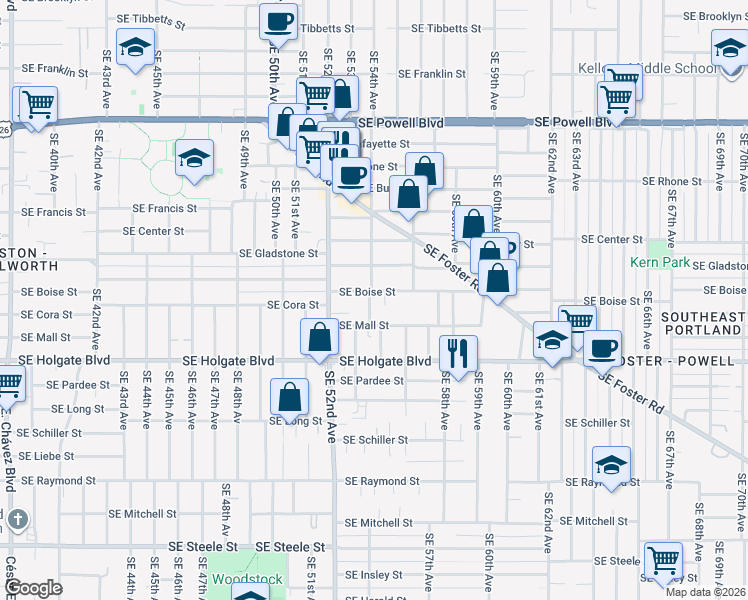 map of restaurants, bars, coffee shops, grocery stores, and more near 4214 Southeast 54th Avenue in Portland