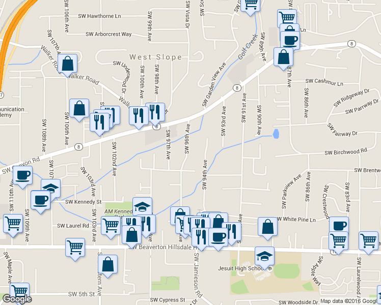 map of restaurants, bars, coffee shops, grocery stores, and more near 3870 Southwest 96th Avenue in Portland