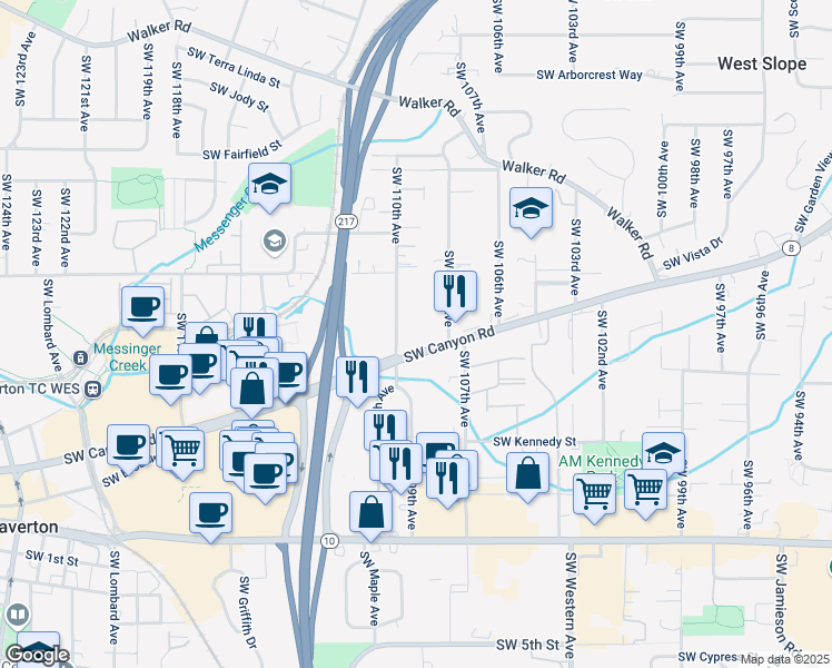 map of restaurants, bars, coffee shops, grocery stores, and more near 10999 Southwest Canyon Road in Beaverton