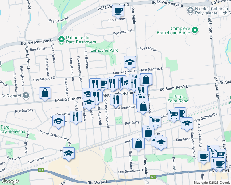 map of restaurants, bars, coffee shops, grocery stores, and more near 221 Boulevard Saint-René Ouest in Gatineau