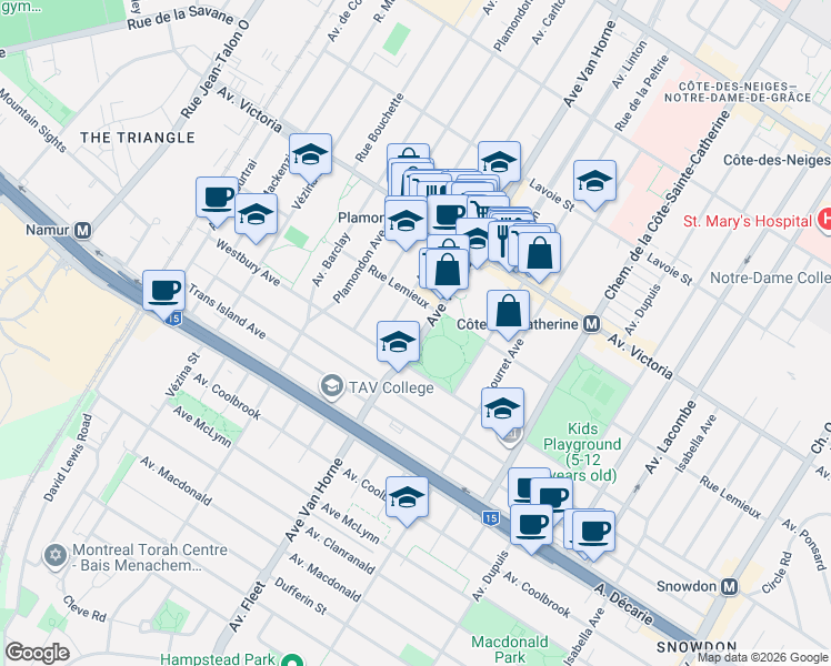 map of restaurants, bars, coffee shops, grocery stores, and more near 4933 Avenue Van Horne in Montréal